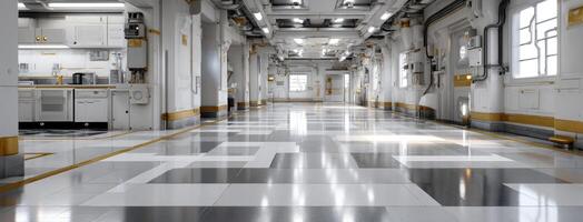 A long hallway with white walls and yellow accents photo