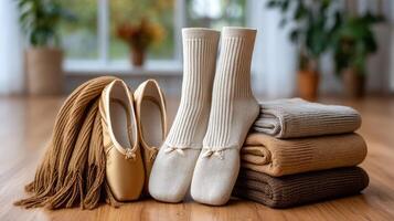 A pile of socks, a pair of shoes and a scarf photo