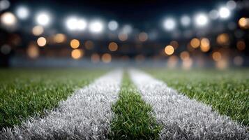 A soccer field with white lines and lights photo