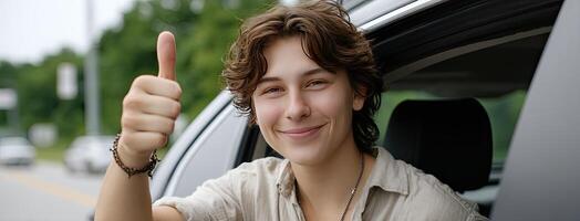A young man is giving the thumbs up in his car photo