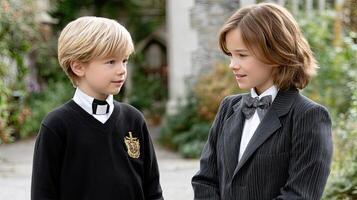 Two young boys in suits talking to each other photo