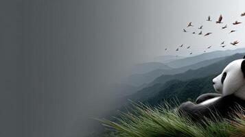 A panda bear sitting on a hill with birds flying around photo