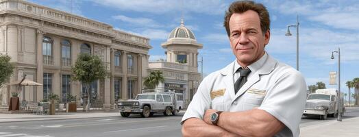 A man in a white coat standing in front of a building photo