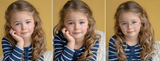 Four different pictures of a little girl with blue eyes photo