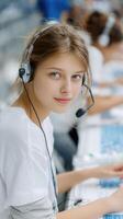 A girl wearing headphones and a headset at a computer photo