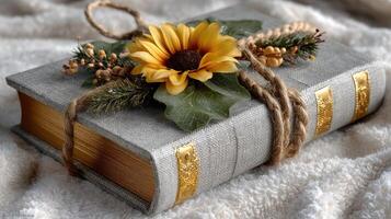 A book wrapped in twine with a sunflower on top photo