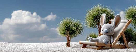 A stuffed bunny sitting in a chair on the beach photo