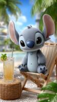 Stitchy the little mouse sitting on a beach chair with a drink photo