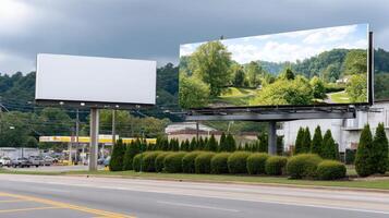 A billboard on the side of a road with a green field photo