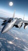A fighter jet flying in the sky with a full moon photo