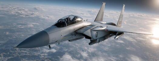 A fighter jet flying in the sky with clouds in the background photo