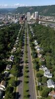 An aerial view of a city street with trees and houses photo