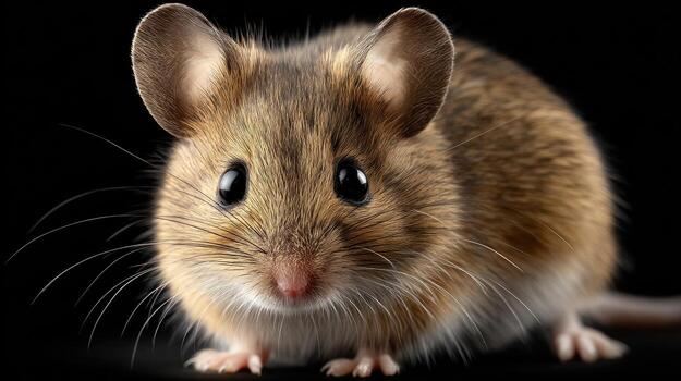 A mouse is standing in front of a black background photo
