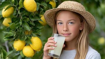 A young girl is drinking from a glass of lemonade photo