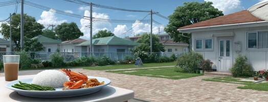 A plate of food is sitting on a table in front of a house photo