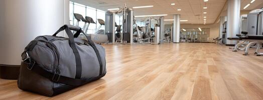 A gray duffel bag sitting on the floor in a gym photo