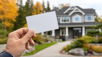 A person holding a blank card in front of a house photo