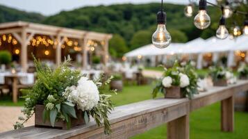 A wooden table with flowers and lights photo