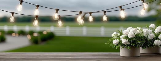 A table with white flowers and a string of lights photo