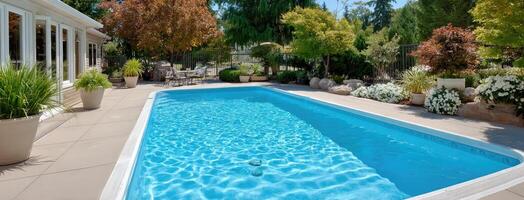 A swimming pool in a backyard with a patio photo