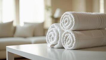 Stack of rolled white towels resting on table in hotel room photo