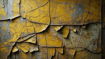 Cracked yellow paint peeling from decaying wall creating abstract pattern photo