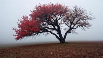 Lonely red tree standing in foggy field during autumn photo