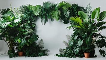 Tropical plants creating green arch on white background photo