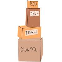 Decluttering Organization Boxes for Sorting Items. labeled boxes for sorting items during decluttering sell, keep, trash and donate. vector