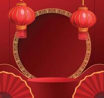 Red Asian Background with Lanters and fans vector