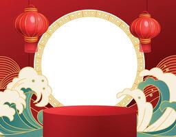 Red Asian Background with lanters and Waves vector