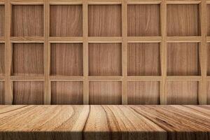 Table in Japandi Style and Glass Wall Background photo