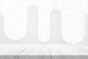 Empty Table with White Terrazzo Tile Wall in Show Shape Background photo