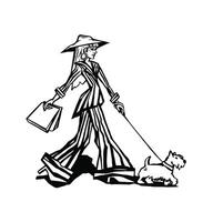Girl with a dog with bags, shopping outline illustration made by hand vector