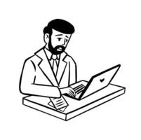 Man with beard works on laptop line style flat vector
