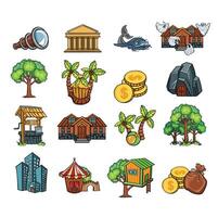 set of fantasy game icons, palm tree icons well, gold. Set of items , Game icons collection vector
