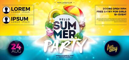 Summer Party Flyer Design with Abstract Beach Design Elements and Typography Lettering on Tropical Island Background. Summer Holiday Illustration with Exotic Palm Leaves and Flower for Banner vector