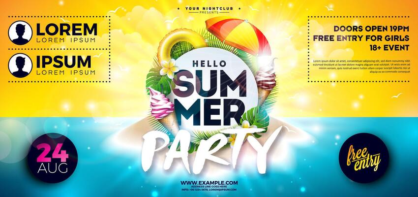 Summer Party Flyer Design with Abstract Beach Design Elements and Typography Lettering on Tropical Island Background. Summer Holiday Illustration with Exotic Palm Leaves and Flower for Banner