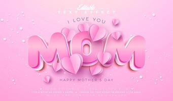 Mothers Day 3D Text Effect Design Editable and Scalable Graphic Style Effect with Shadow and LOvely Heart. Typography Lettering on Pink Background. Premium Mother Day Illustration Mockup vector