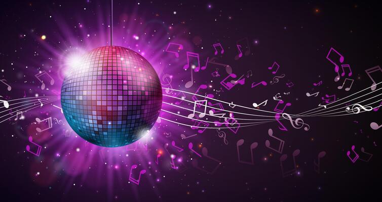 Shiny Disco Ball Party Celebration Illustration with Reflective Surface and Flying Musical Notes on Bright Night Background. Festival Design for Banner, Flyer, Greeting Card, Invitation or