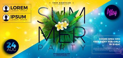 Summer Beach Party Banner Design with Abstract Design Elements and Typography Lettering on Tropical Island Background. Summer Holiday Illustration with Exotic Palm Leaves and Flower for Flyer vector