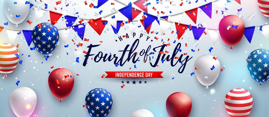 Fourth of July Independence Day Sale Banner Design with American Flag Pattern Party Balloon on Light Background. 4th of July USA National Holiday Illustration with Typography Elements for