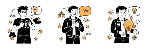 men expressing mental health concepts, breaking negative thoughts, deep breathing for calm, and holding a light bulb to symbolize positive ideas. vector