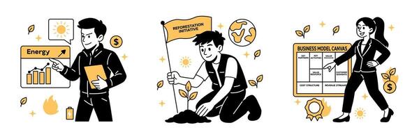 illustration of professionals analyzing energy data, planting trees, and planning green business models for sustainable growth. vector