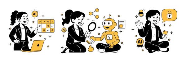 interacting with a robot assistant, training an AI dataset, and using a smart voice-enabled assistant in cartoon style vector