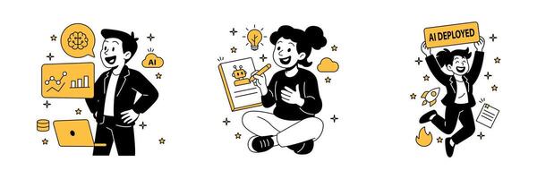 data visualization by a man, a woman brainstorming AI ideas, and another woman celebrating successful AI deployment in a flat cartoon style vector