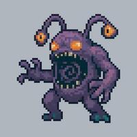 Purple monster character in pixel art style with isolated background vector