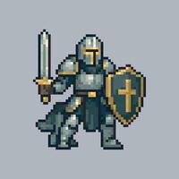 Iron knight character in pixel art style with isolated background vector