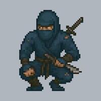 squat black ninja in pixel art style with isolated background vector