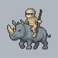 Mummy riding rhinoceros character in pixel art style with isolated background vector